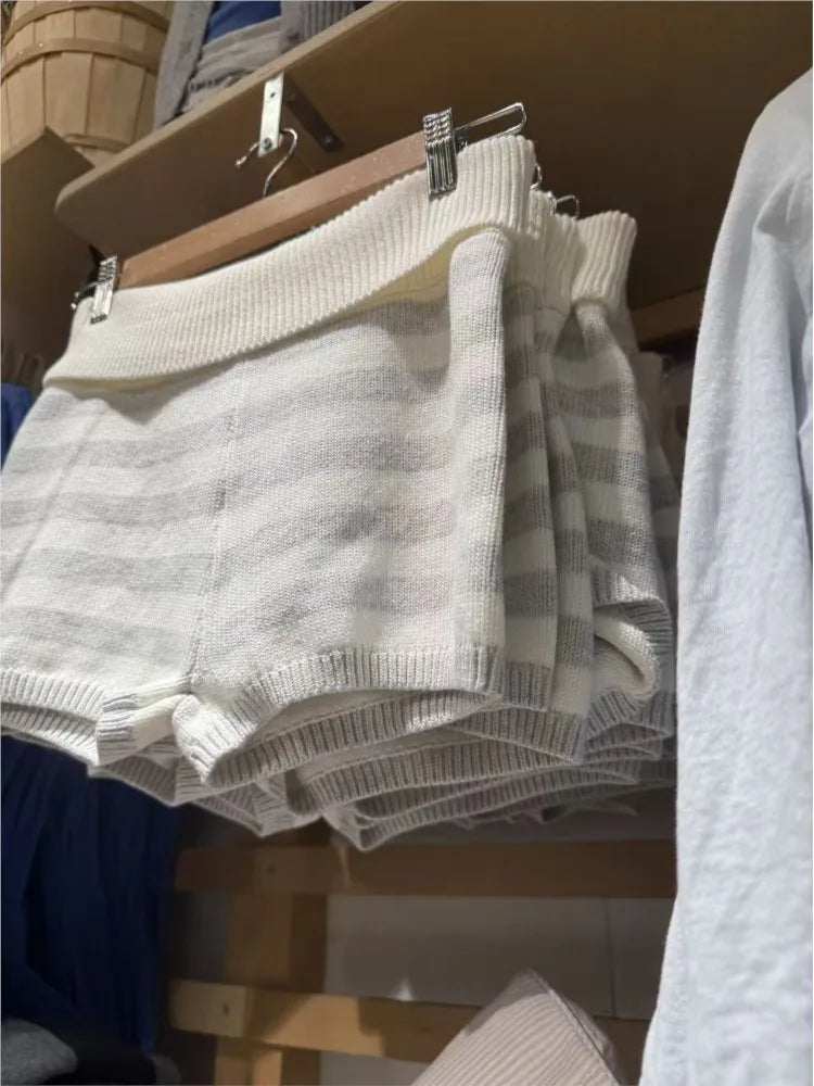 Striped Flanging Knit Shorts Women Spring Elastic Waist Cotton Straight Short Pants Sweet Home Underwear Y2K Sweatshorts New
