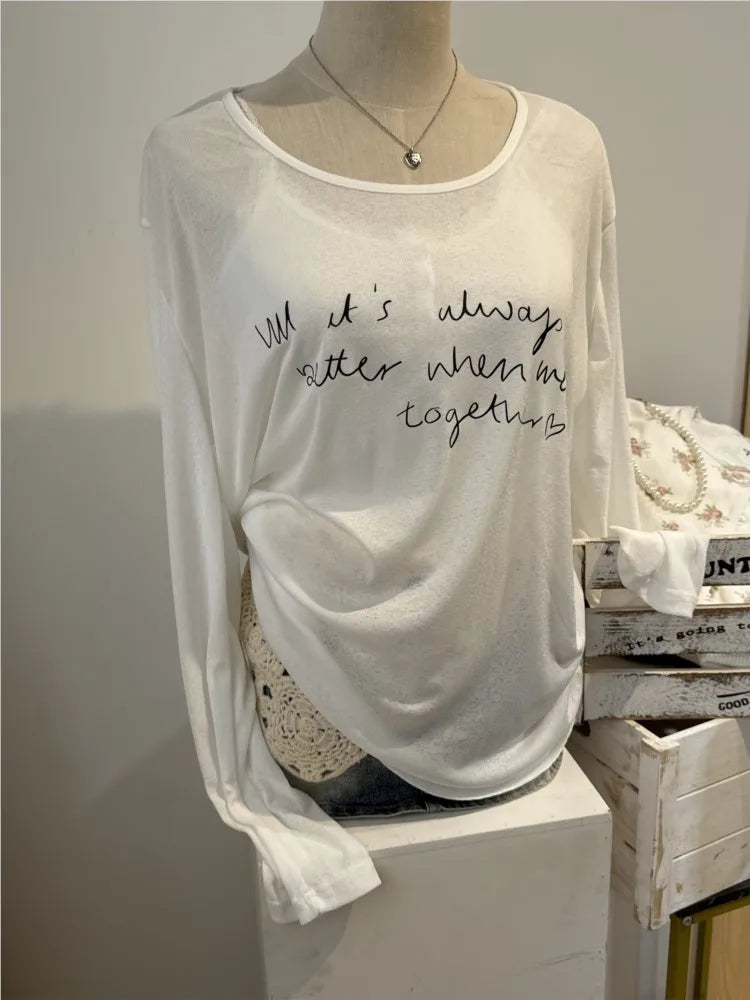 Letter Print Thin Sun Protection T-shirts Women Summer New Cute Casual O-neck Long Sleeve Tees Sweet Chic Preppy Style Tops Y2K