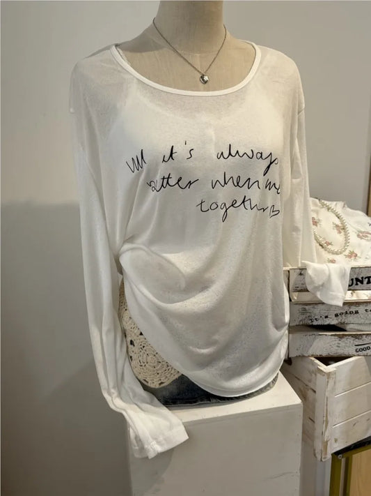 Letter Print Thin Sun Protection T-shirts Women Summer New Cute Casual O-neck Long Sleeve Tees Sweet Chic Preppy Style Tops Y2K