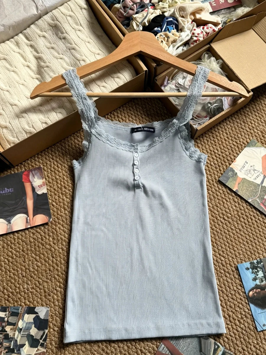 Lace Trim Ribbed Slim Camisole Women Casual Chic Cotton Buttons Sleeveless Vest Sweet All-match Simple Cropped Tank Tops Y2K