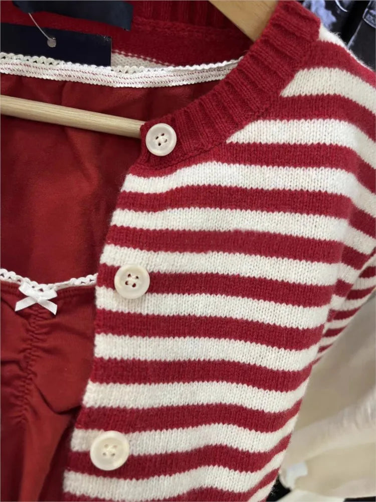 Sweet Red Striped Knitted Sweater Cardigan Women Round Neck Single Breasted Cotton Knitwear Preppy Style Sweaters Coat Tops Y2K