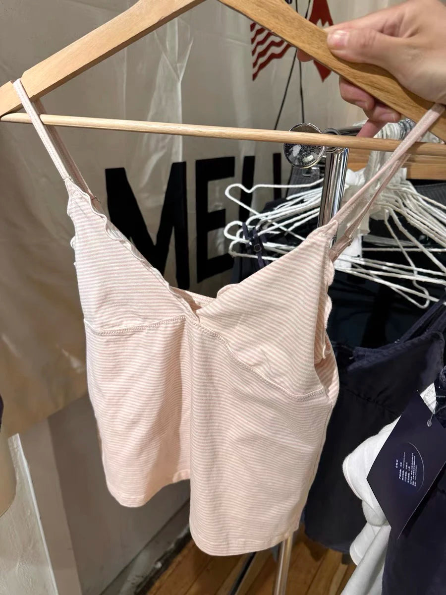 Ruffles Pink Striped Tank Tops Women Summer New Cotton V-neck Sleeveless Slim Cropped Camisole Sweet Preppy Style Y2K Crop Top