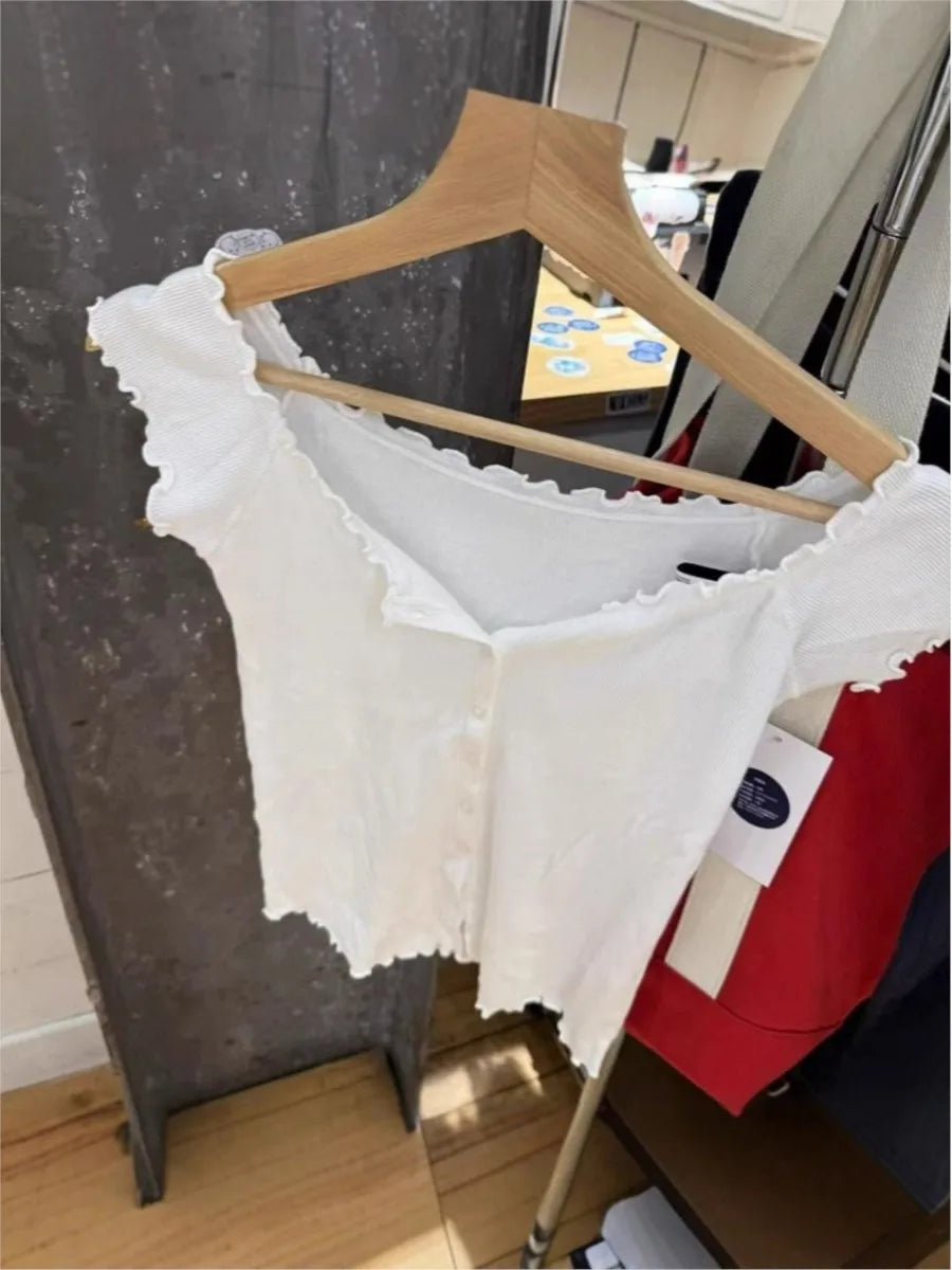 Sweet White Fungus Trim Slim T-shirt Woman Casual Simple O-neck Single Breasted Short Sleeve Cotton Tee Simple Basic Y2K Tops