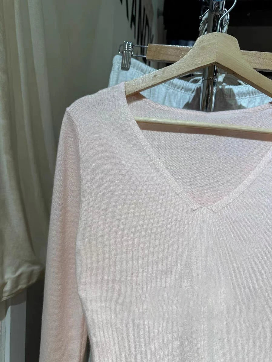 Pink Sweet Knitted Long Sleeve T-Shirt Women Autumn V-Neck Preppy Style Cotton Slim Tee Shirt Casual Cute Knitwear Tshirts Y2K