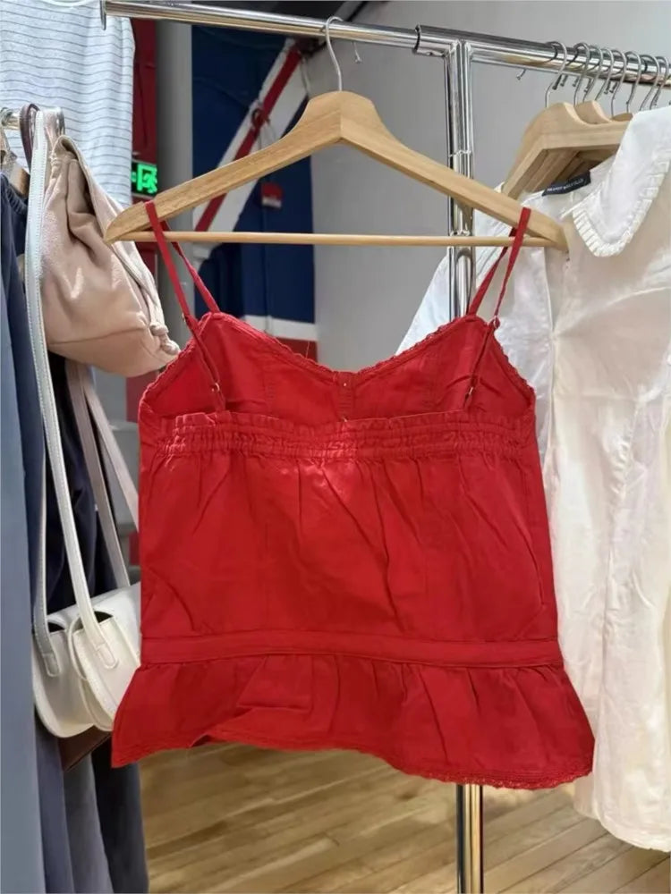 Red Lace Trim Cotton Tank Tops Women Summer New Casual Lace-up V-neck Sleeveless Vests Female Vintage Sweet Cute Camisole Y2K