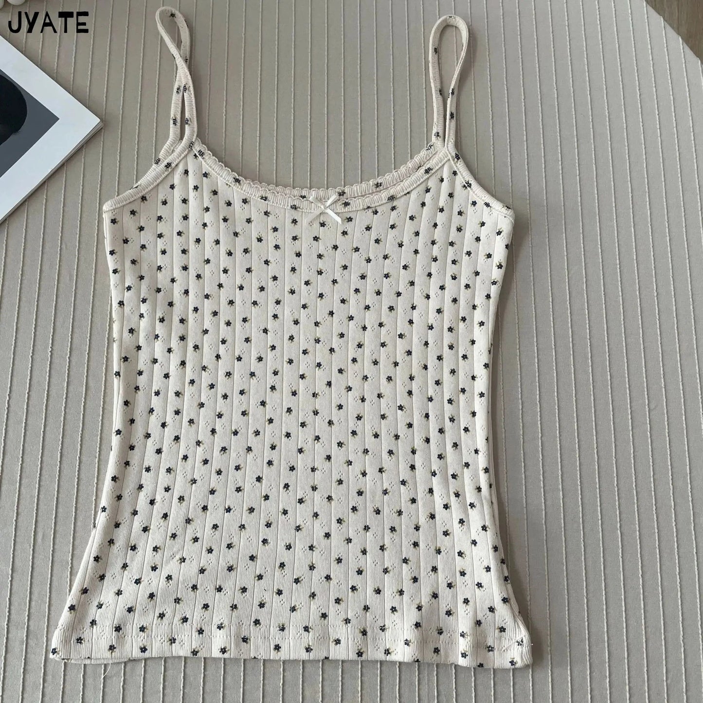 Lace Trim Floral Eyelet Tank Tops Women New Summer Cotton Bow Slim Preppy Style Cropped Vests Sweet Vintage Chic Camisole Y2K
