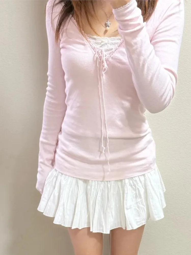 Lace Trim Long Sleeve Tees Women Spring Streetwear Cotton Slim V-neck Lace-up Tops Sweet Cute Pink Chic T-shirts