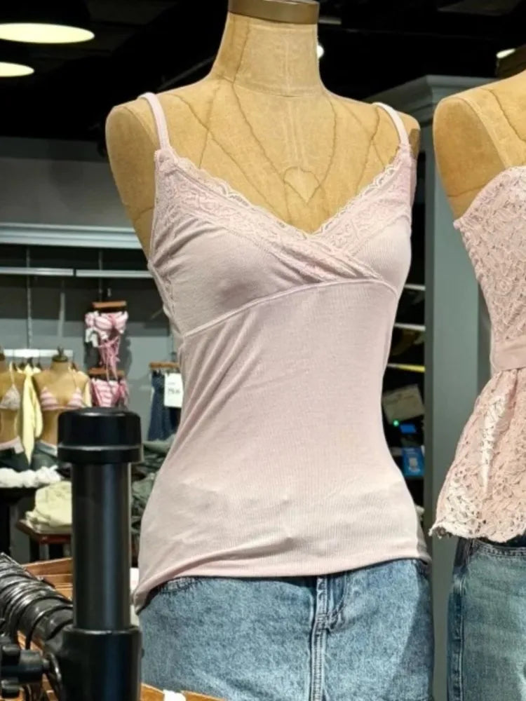 Pink V-neck Lace Trim Camisole Women Summer Casual Simple Basic Slim Cotton Sleeveless Veats Sweet Cute Preppy Style Tank Tops