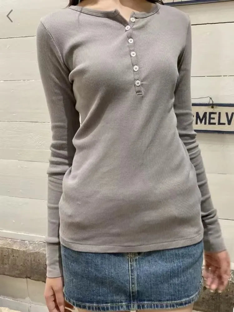 Vintage Solid Buttons Long Sleeve Tee Women Autumn Casual O-Neck Ribbed Cotton Slim Tops Sweet Preppy Style Chic T-shirts Y2K