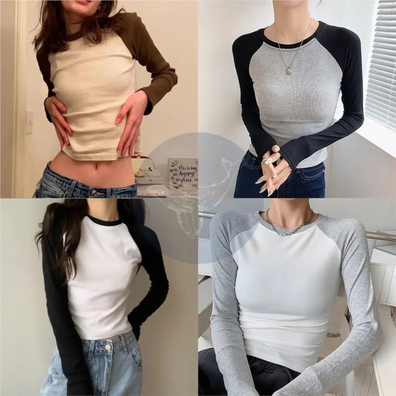 Retro Patchwork Ribbed T-shirt Women Autumn Casual O-Neck Cotton Long Sleeve Tee Shirt Vintage Streetwear Chic T Shirt Y2K Tops
