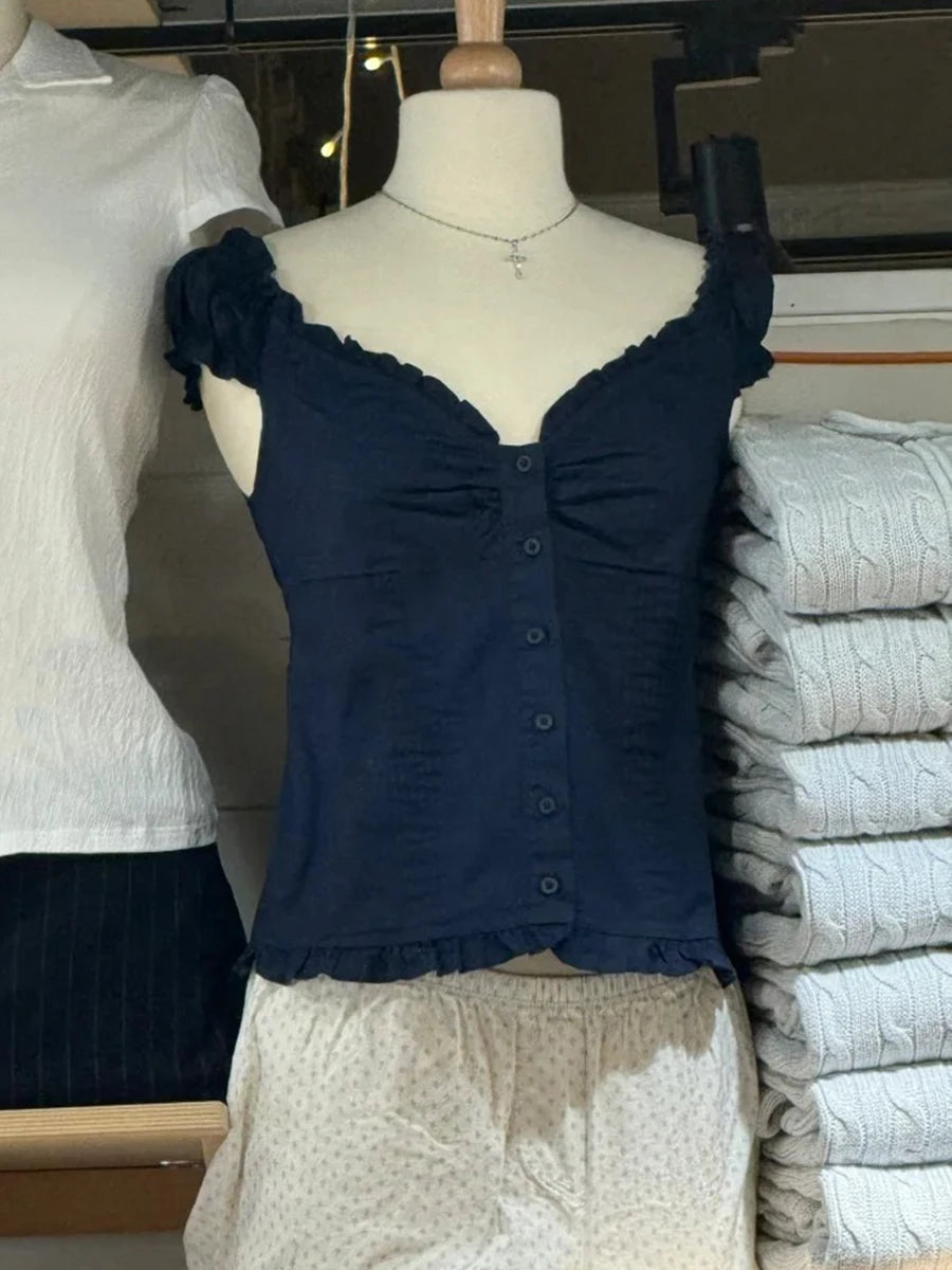 Yellow Sweet Folds Blouse Top Women Casual Single Breasted Ruffle Sleeveless Tank Tops Vest Cute Casual Preppy Style Camis Y2K