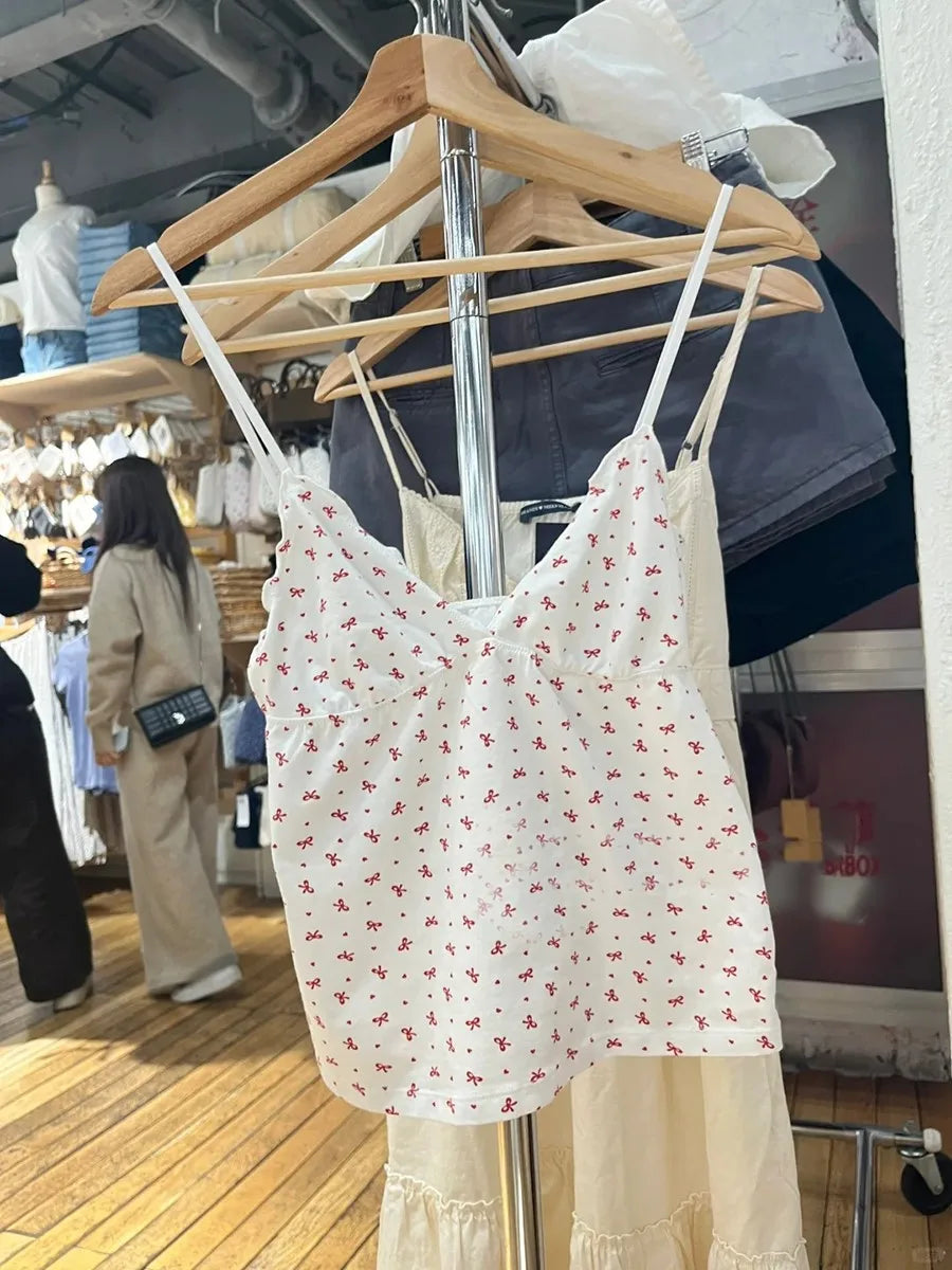 Red Bow Fungus Trim Bow Tank Tops Women New Cute Casual Cotton Slim V-neck Sleeveless Camis Girl Sweet Preppy Style Y2K Crop Top