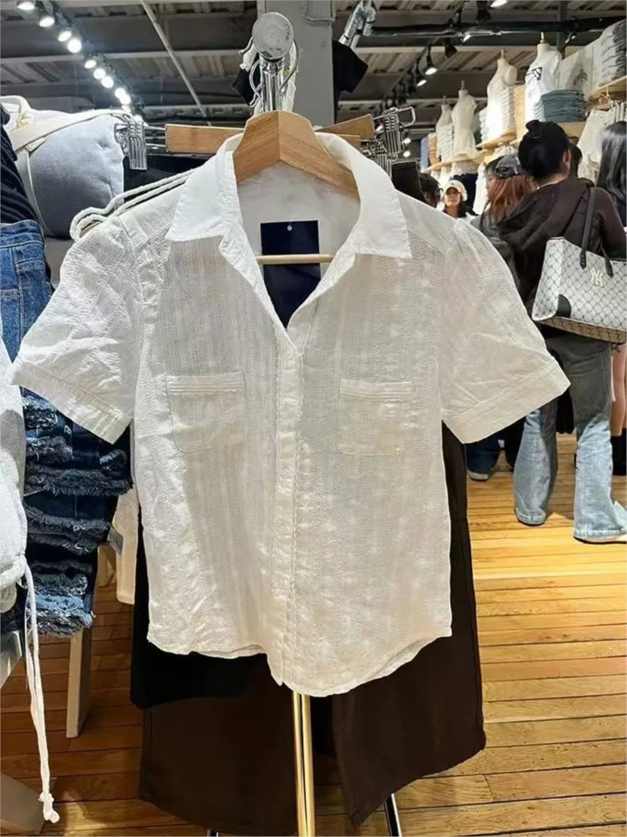 Sweet Pockets White Textured Blouse Women Turndown Collar Single Breasted Short Sleeve Shirts Tops Vintage Sweet Y2K Blouses New