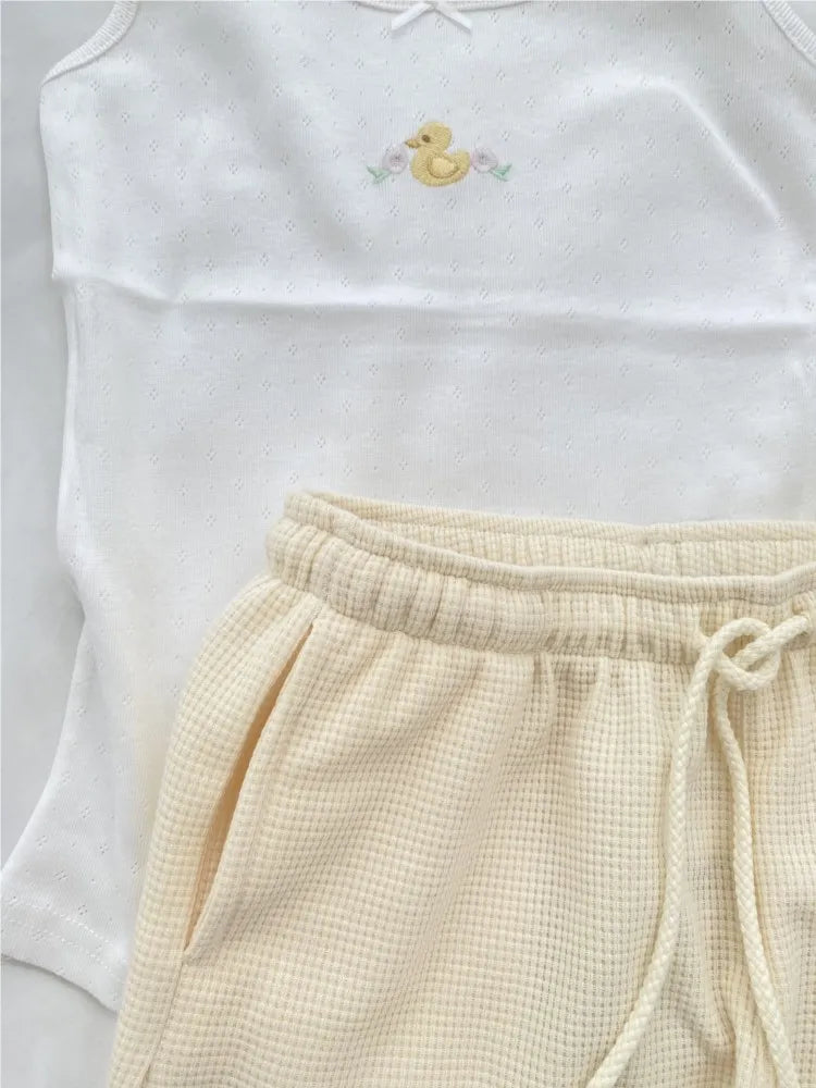 Yellow Duck Shorts 2 Pieces Set Women Bow Slim Eyelet Tank Top+Waffle Drawstring Straight Short Pant Outfit Sweet Cute Suit Sets