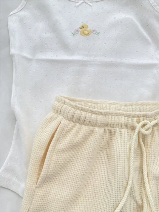 Yellow Duck Shorts 2 Pieces Set Women Bow Slim Eyelet Tank Top+Waffle Drawstring Straight Short Pant Outfit Sweet Cute Suit Sets