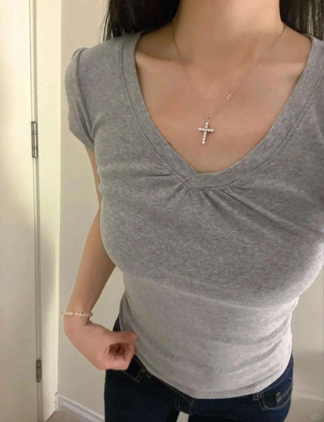 Pink V-neck Slim T-shirts Women Casual Streetwear Cotton Soft Short Sleeve Tees Sweet Cute Chic Tshirts Y2K