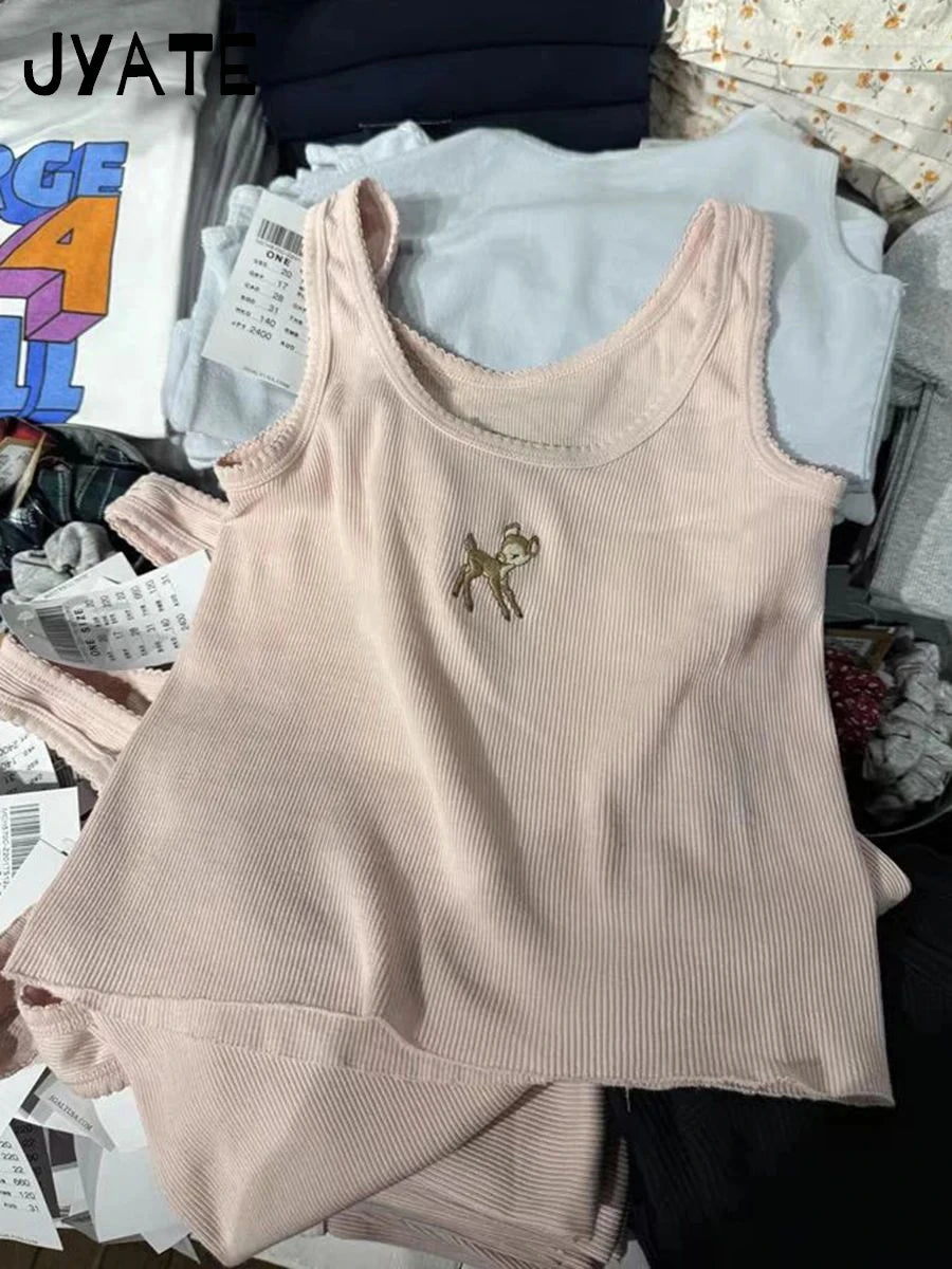 Pink Little Deer Embroidery Tank Tops Women New Ribbed Cotton Raw Hem U Collar Slim Sleeveless Vests Cute Sweet Vintage Camisole