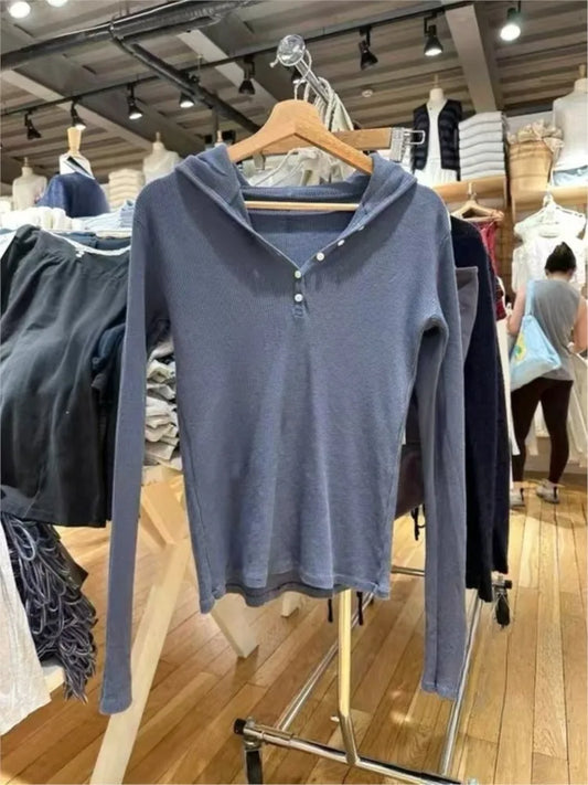 Vintage Navy Blue Buttons Long Sleeve T-Shirts Women Autumn Streetwear O-Neck Loose Hoodies Tops Casual Vintage Sweet Tees Y2K