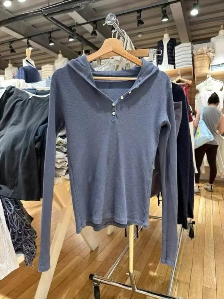 Vintage Navy Blue Buttons Long Sleeve T-Shirts Women Autumn Streetwear O-Neck Loose Hoodies Tops Casual Vintage Sweet Tees Y2K