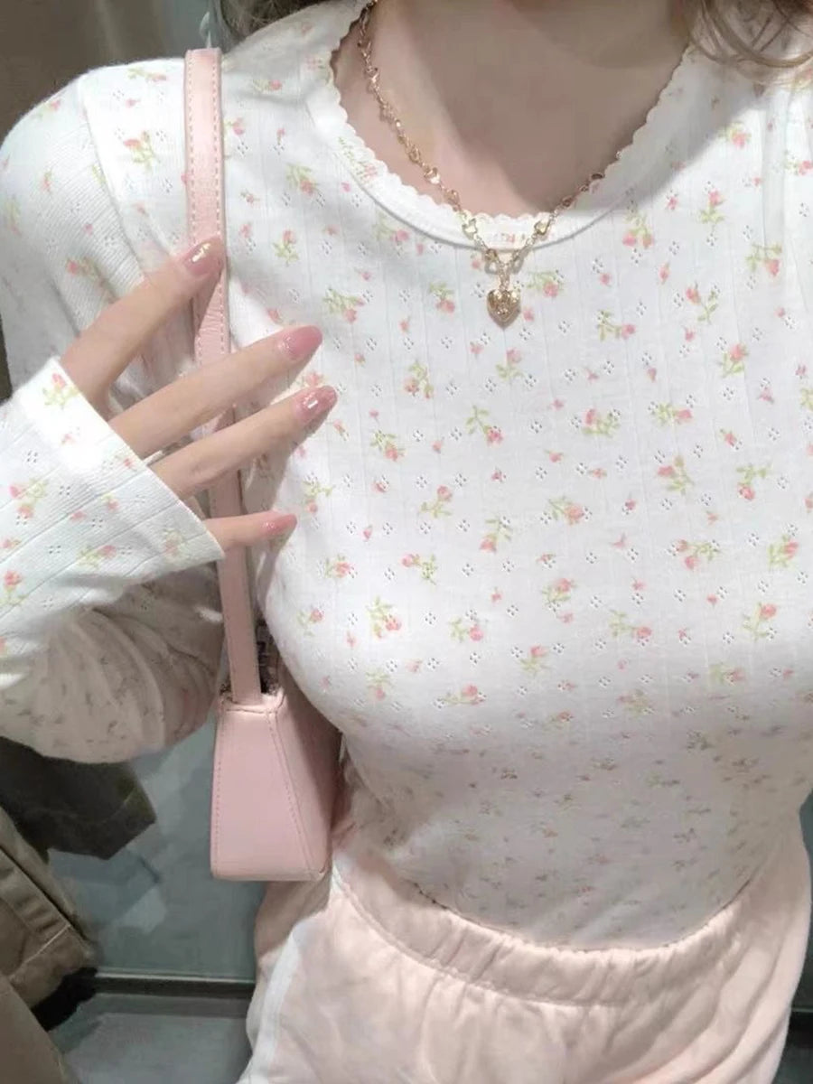 Fashion Sweet Hollow Out Floral Print T-shirts Women Autumn Cotton Soft Slim O-neck Long Sleeve Tops Simple Vintage Cute Y2K Tee