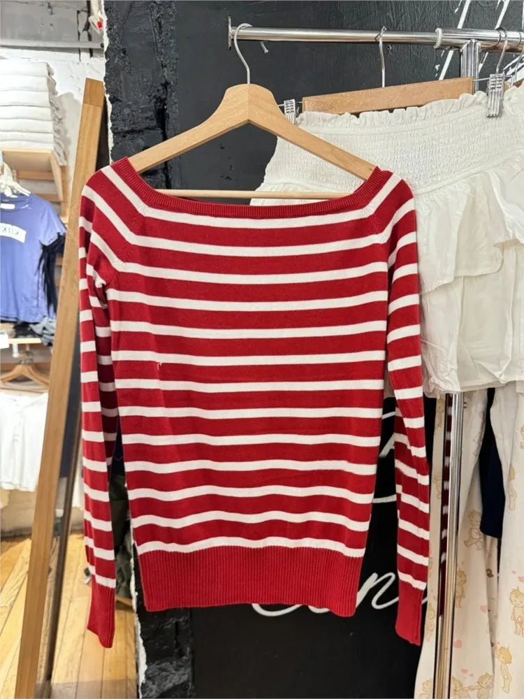 Red Striped Knit Sweater Women Autumn Streetwear Slash Neck Long Sleeve Pullovers Preppy Style New Sweet Casual Chic Jumpers Y2K