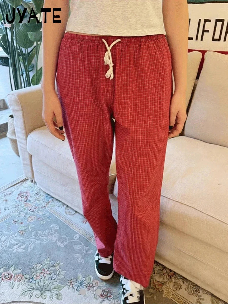 Sweet Red Plaid Drawstring Sport Pants Women Spring New Casual Chic Cotton Wide Leg Pant Harajuku Vintage Straight Trousers Y2K
