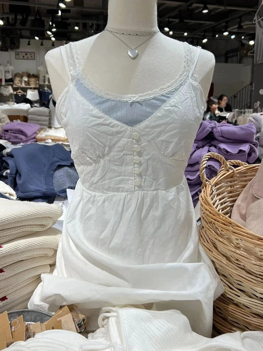 Sweet Lace Trim Buttons White A-line Dress Women New Elastic Waist V-neck Sleeveless Mini Dresses Vintage Chic Y2K Short Vestido