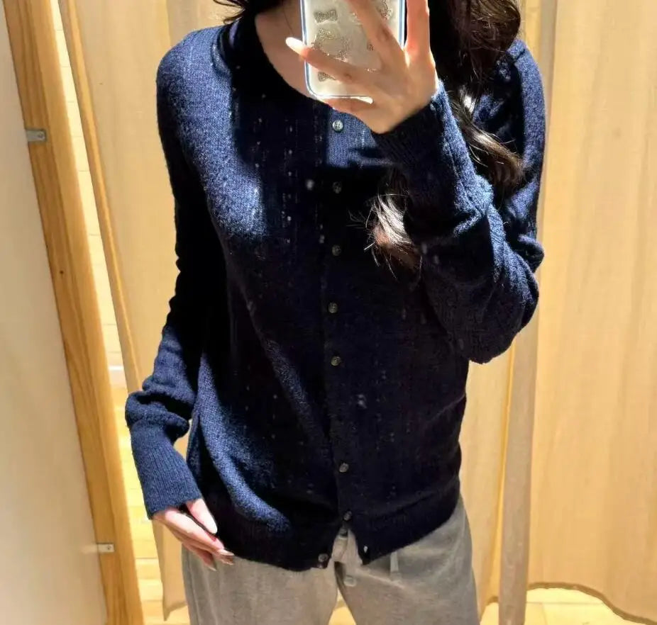 Hollw Out Mohair Long Sleeve T-Shirt Cardigan Women Autumn V-Neck Cotton Thin Smock Button Top Vintage Sweet Cute Tee Shirt Y2K