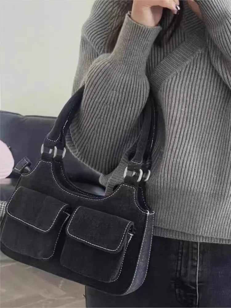 Vintage Denim Shoulder Bag Women New Cute Pockets High Zipper High Quality Ladies Bags Streetwear Chic Preppy Style Handbags Y2K