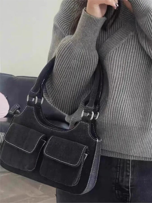 Vintage Denim Shoulder Bag Women New Cute Pockets High Zipper High Quality Ladies Bags Streetwear Chic Preppy Style Handbags Y2K