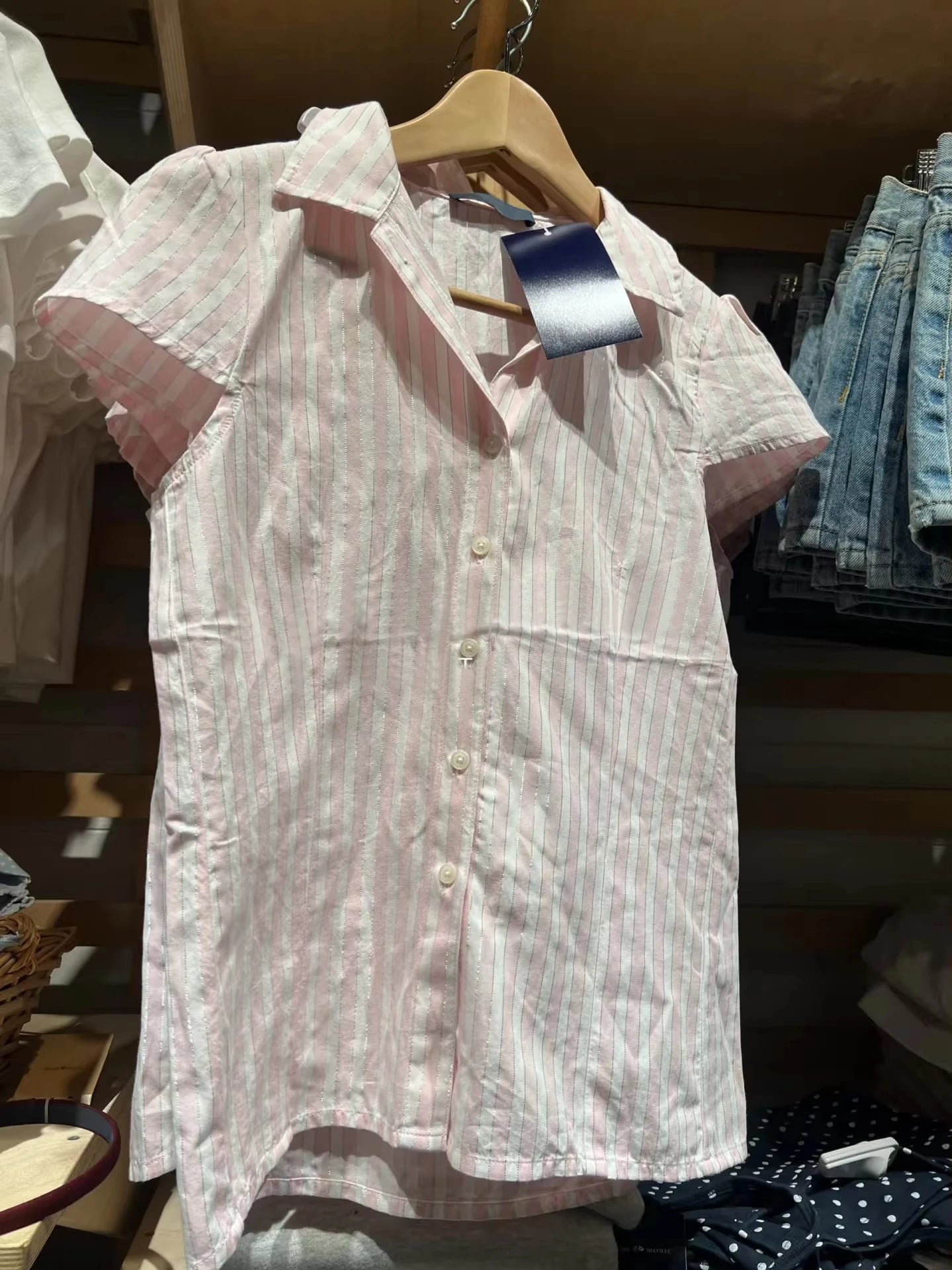 Pink Striped Blouse Women Summer Streetwear Silver Line Slim Short Sleeve Buttons T-shirts Sweet Cute Preppy Style Tshirt Y2K