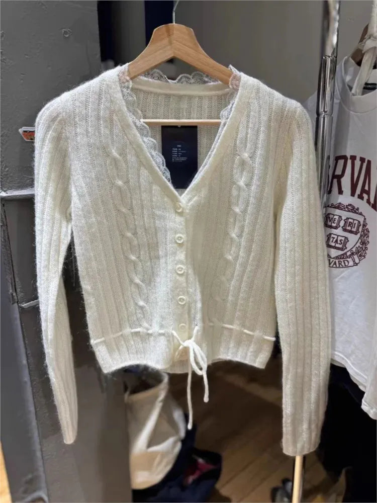 Sweet Lace Trim Twisted Flower Sweater Coat Women Autumn New Cotton Sexy V-neck Slim Crop Tops Casual Vintage Chic Cardigan Y2K