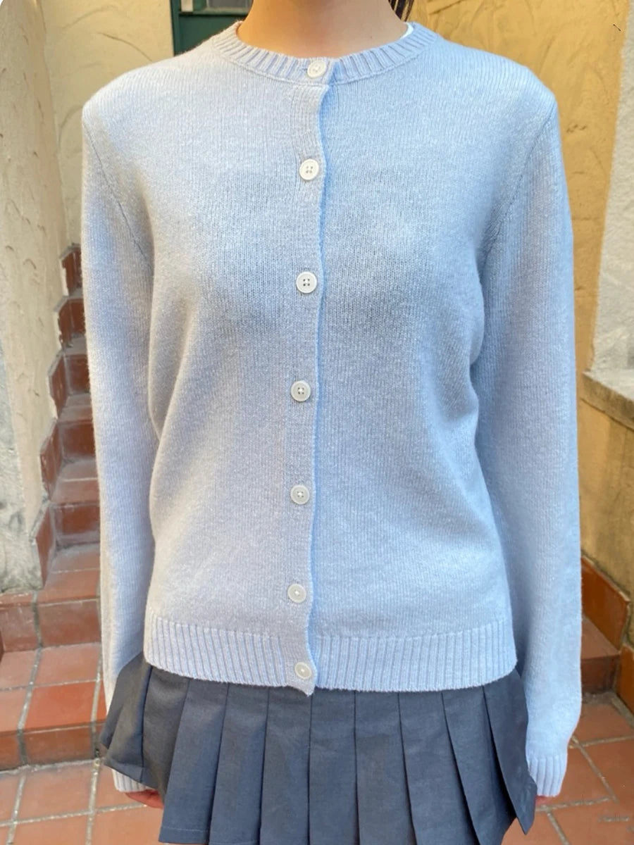 Blue Vintage Long Sleeve Knitted Cardigan Women New Cotton O-neck Casual Button Jumper Coat Sweet Preppy Style Sweater Y2K Tops