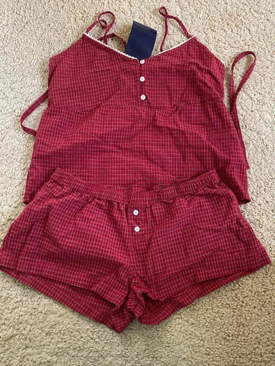 Pink Striped Lace Trim Tank Shorts Set Suit Women New Button Camisole +Elastic Waist Short Pant Sweet Cute Home 2 Piece Sets Y2K