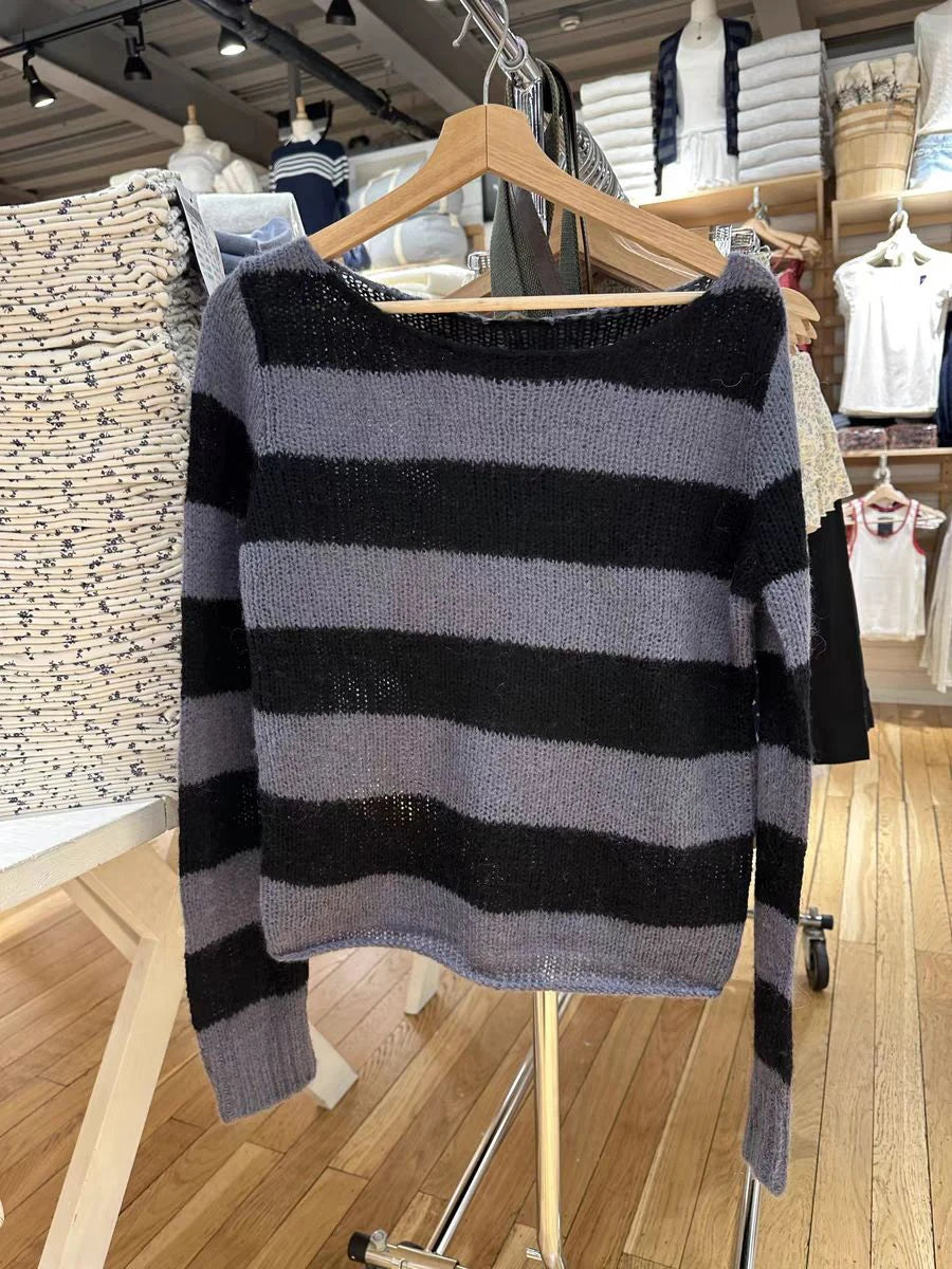 Sweetwear Striped Knitted Long Sleeve T-Shirt Women Autumn Scoop Neck Cotton Thin Smock Vintage Sweet Preppy Style Tee Tops Y2K