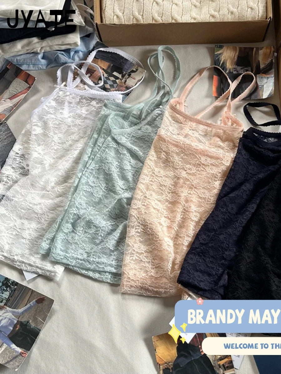Sexy Lace Hollow Out Bow Solid Tank Tops Women New Casual Streetwear Square Neck Sleeveless Vest Sweet Vintage Chic Camisole Y2K