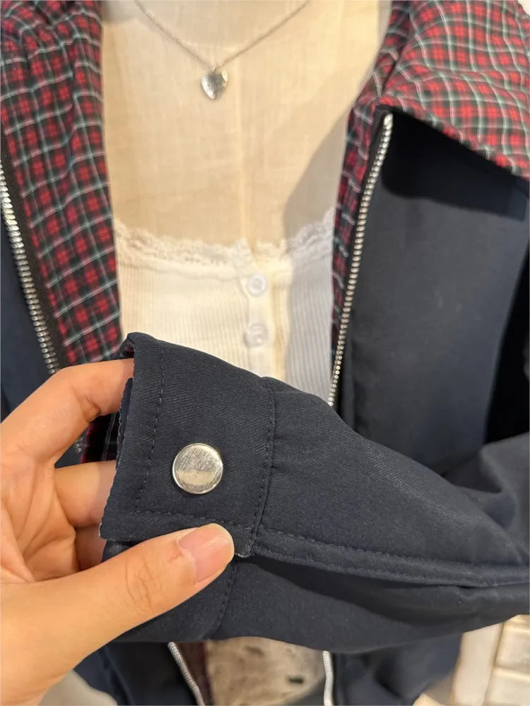 Vintage Internal Red Plaid Zipper Flight Jacket Women Autumn Cotton Warm Thick Stand Collar Jackets Chic Simple Loose Tops Y2K