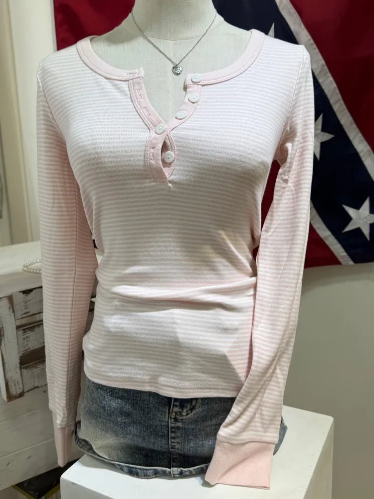 Pink Striped Buttons Striped Long Sleeve T-shirt Women O-neck Cotton Slim Tee Shirts Female Sweet Casual Cute Tshirt Y2k Top New