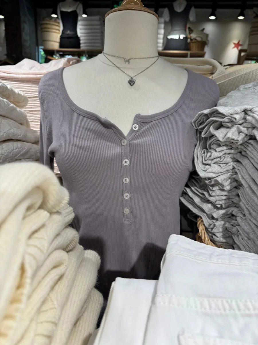 Navy Six ButtonsT-shirts Women Autumn New Round Neck Cotton Ribbed Slim  Long Sleeve Tee Top Casual Vintage Chic Tshirt Y2k Tops