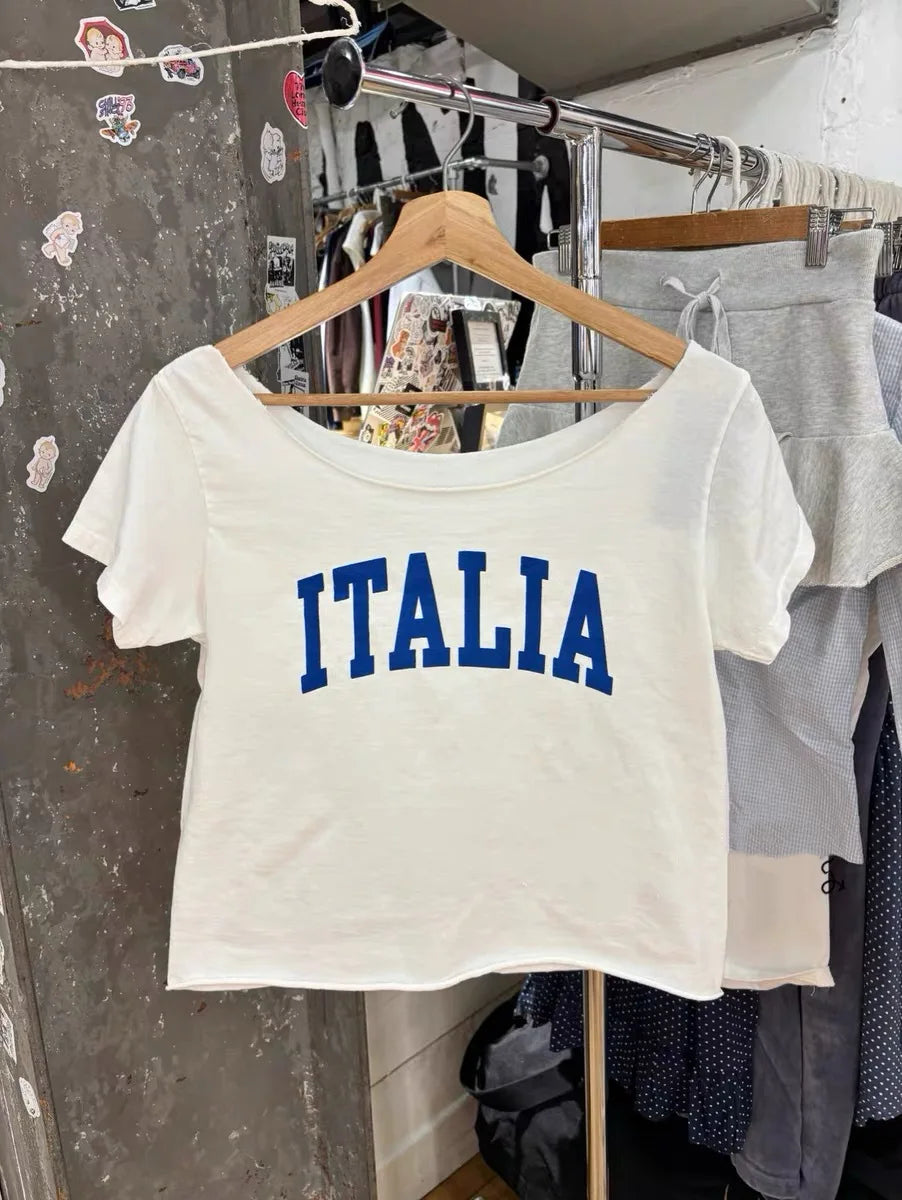 Letter Patchwork Embroidery T-shirts Women Casual Simple Raw Hem Slash Neck Short Sleeve Tees Vintage Chic Sweet Crop Tops Y2K