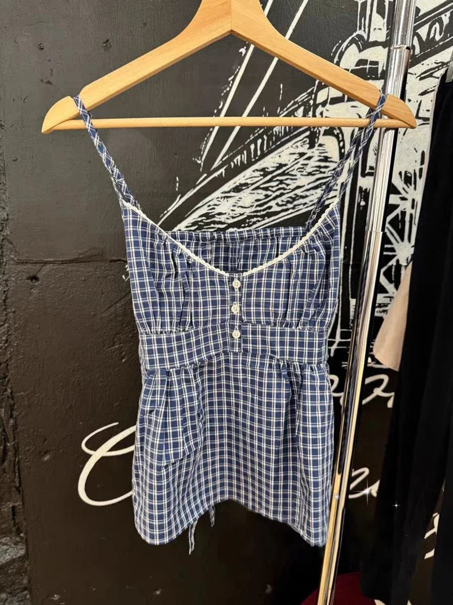 Sweet Pink Stripe Lace-up Tank Top Women Lace Trim Buttons V-neck Cotton Camis Summer Vintage Streetwear Sleeveless Crop Top Y2K