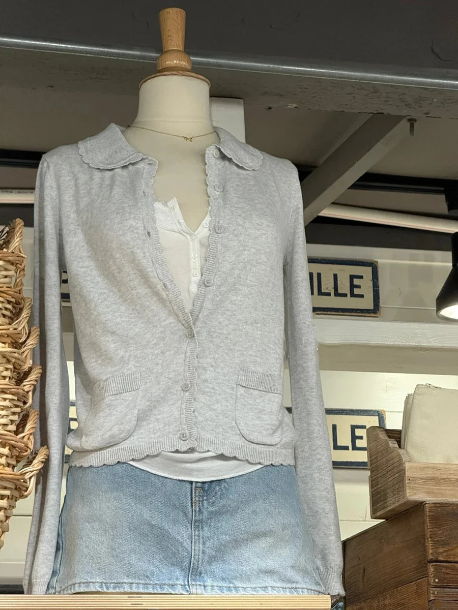 Simple Gray Pocket Babydoll Top Cardigan Women Autumn New Peter Pan Collar Cotton Knitted JumperPreppy Style  Sweet Cute Sweater
