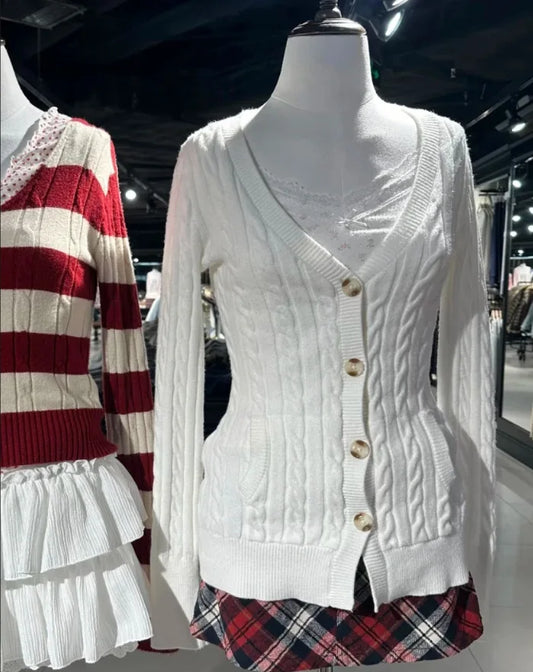 Cable Knit V-neck Cardigan Women Spring Simple Basic Casual Cotton V-neck Slim Jumper Sweet Chic Long Knitted Tops