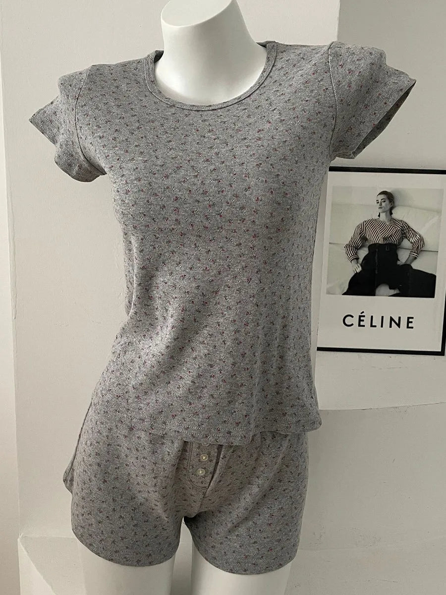 Eyelet Floral Print T-shirt Shorts Outfit Women Cotton O-neck Slim Tees +Buttons Straight Sweatshort Sweet Home 2 Pieces Set New