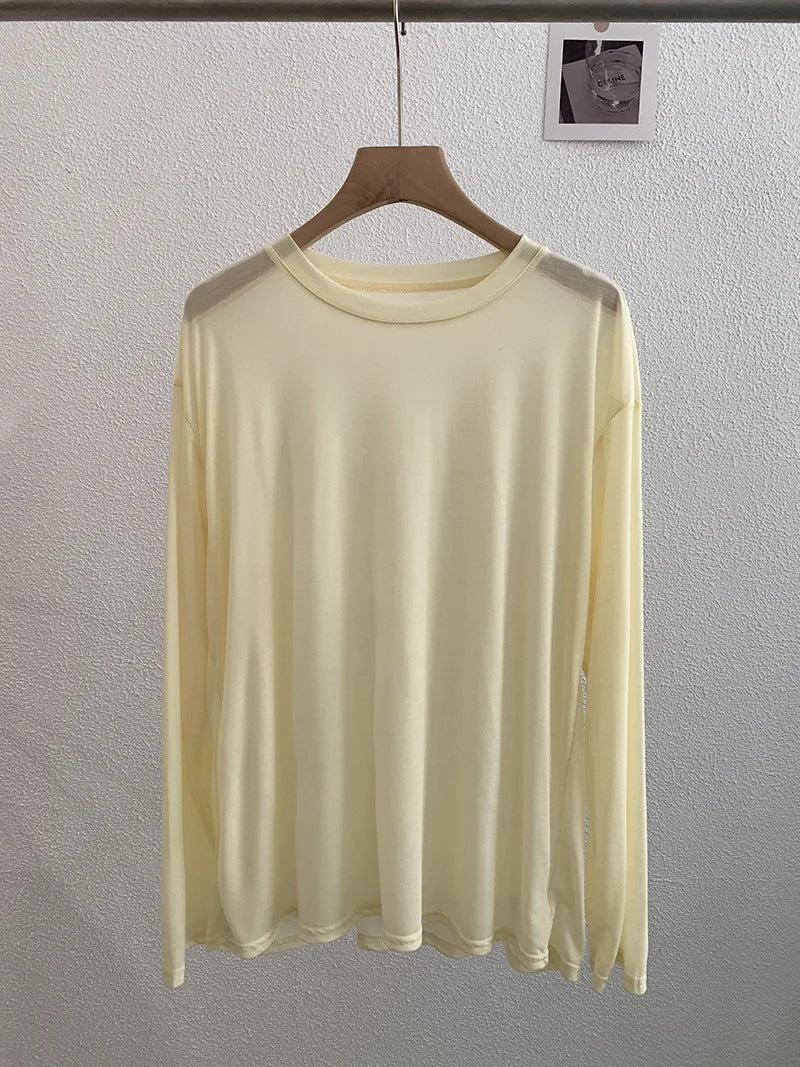 Sweet Thin Sun Protection T-shirts Women Summer Casual Streetwear Lyocell O-neck Long Sleeve Tees Chic Preppy Style Tops Y2K New