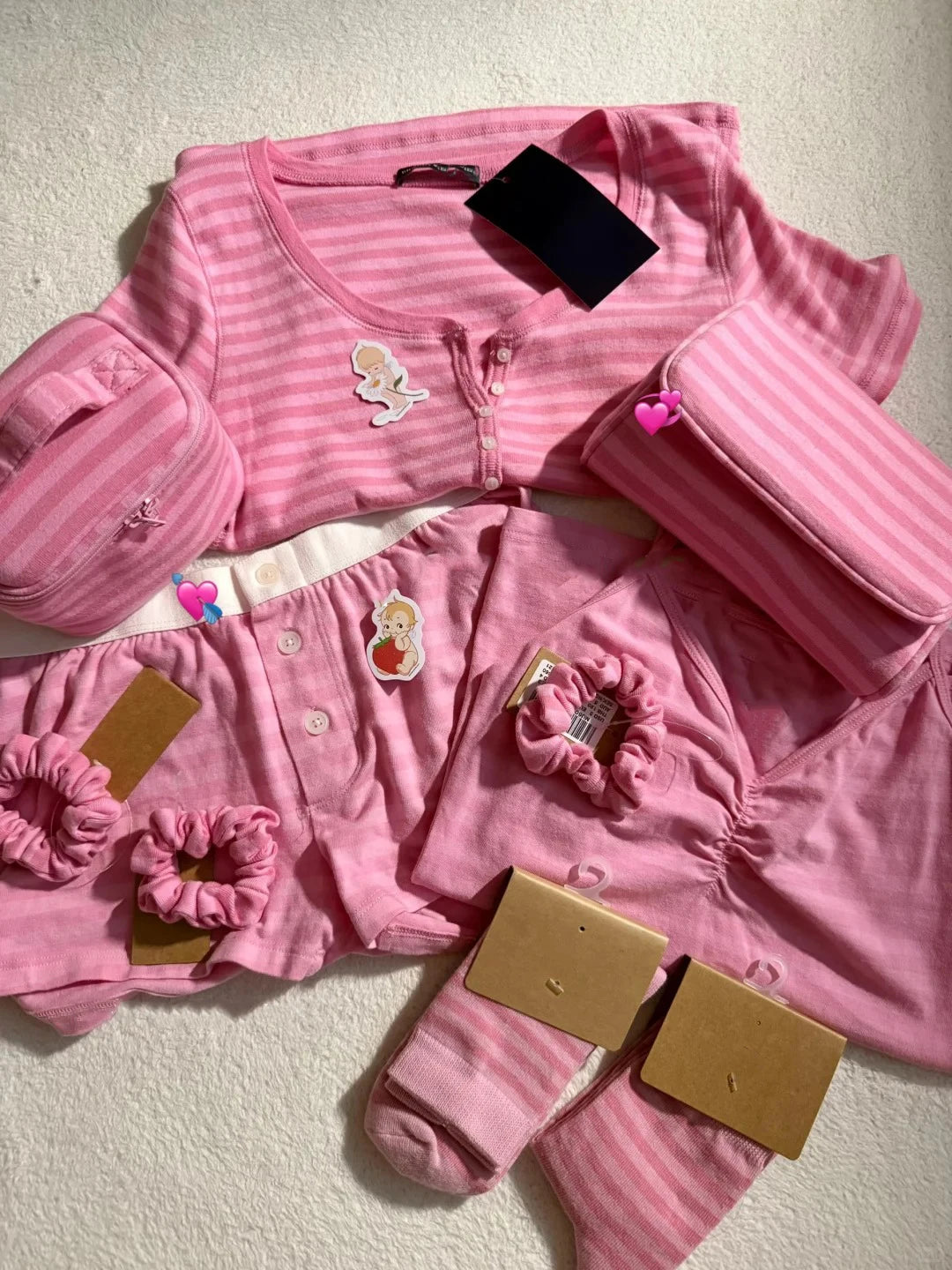 Sweet Pink Striped Collection Tshirt Women Simple Casual Cotton Buttons T-shirts Cute Preppy Style  Y2KCamisole+Slim Short Pants
