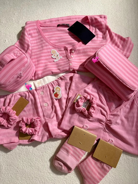 Sweet Pink Striped Collection Tshirt Women Simple Casual Cotton Buttons T-shirts Cute Preppy Style  Y2KCamisole+Slim Short Pants