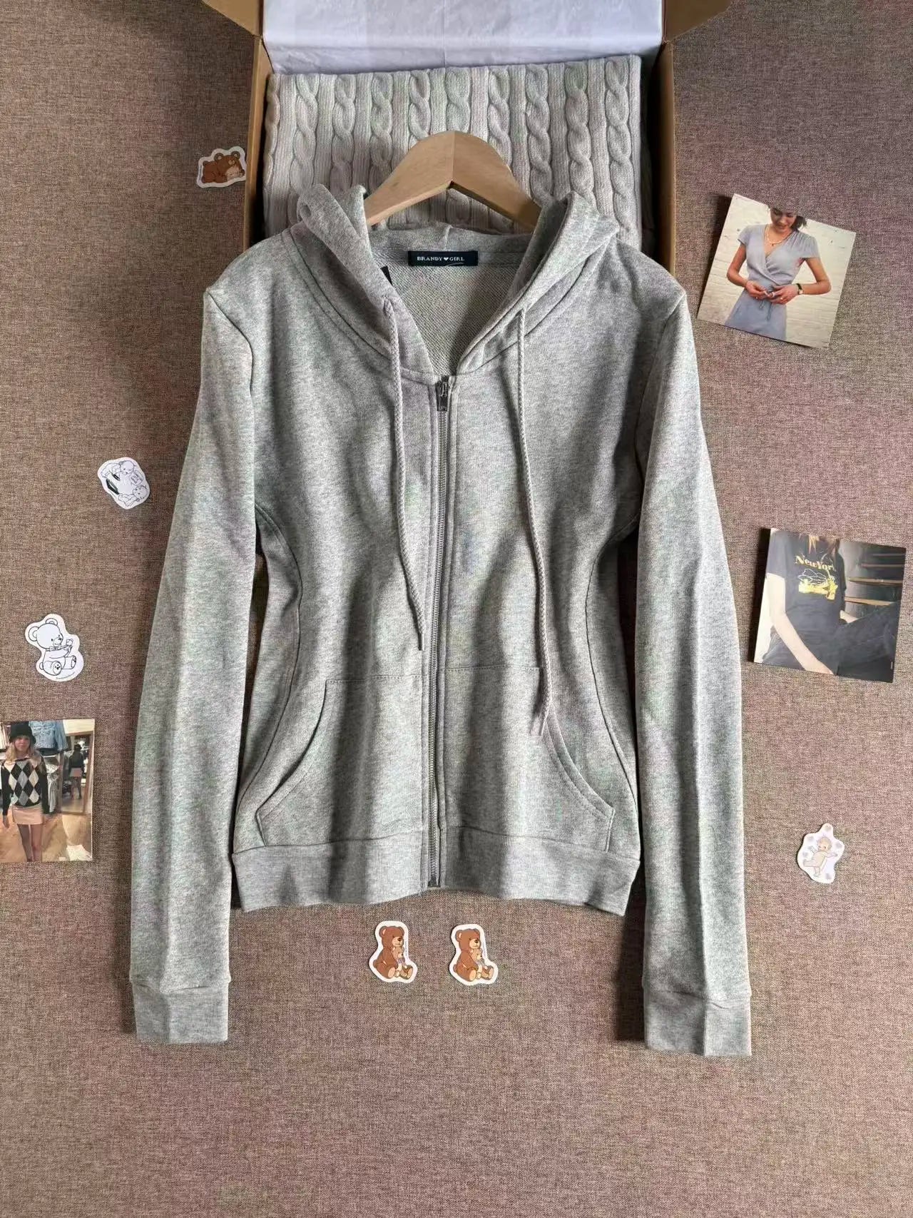 Gray Slim Pockets Zipper Hoodies Women Autumn Casual Drawstring Hoodie Tops Vintage Sweet Preppy Style Slim Y2K Sweatshirts Coat