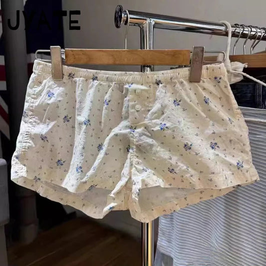 Floral Print Buttons Shorts Pant Women Summer Cotton Simple Elastic High Waist Home Underwear Casual Streetwear Chic Shorts Y2K