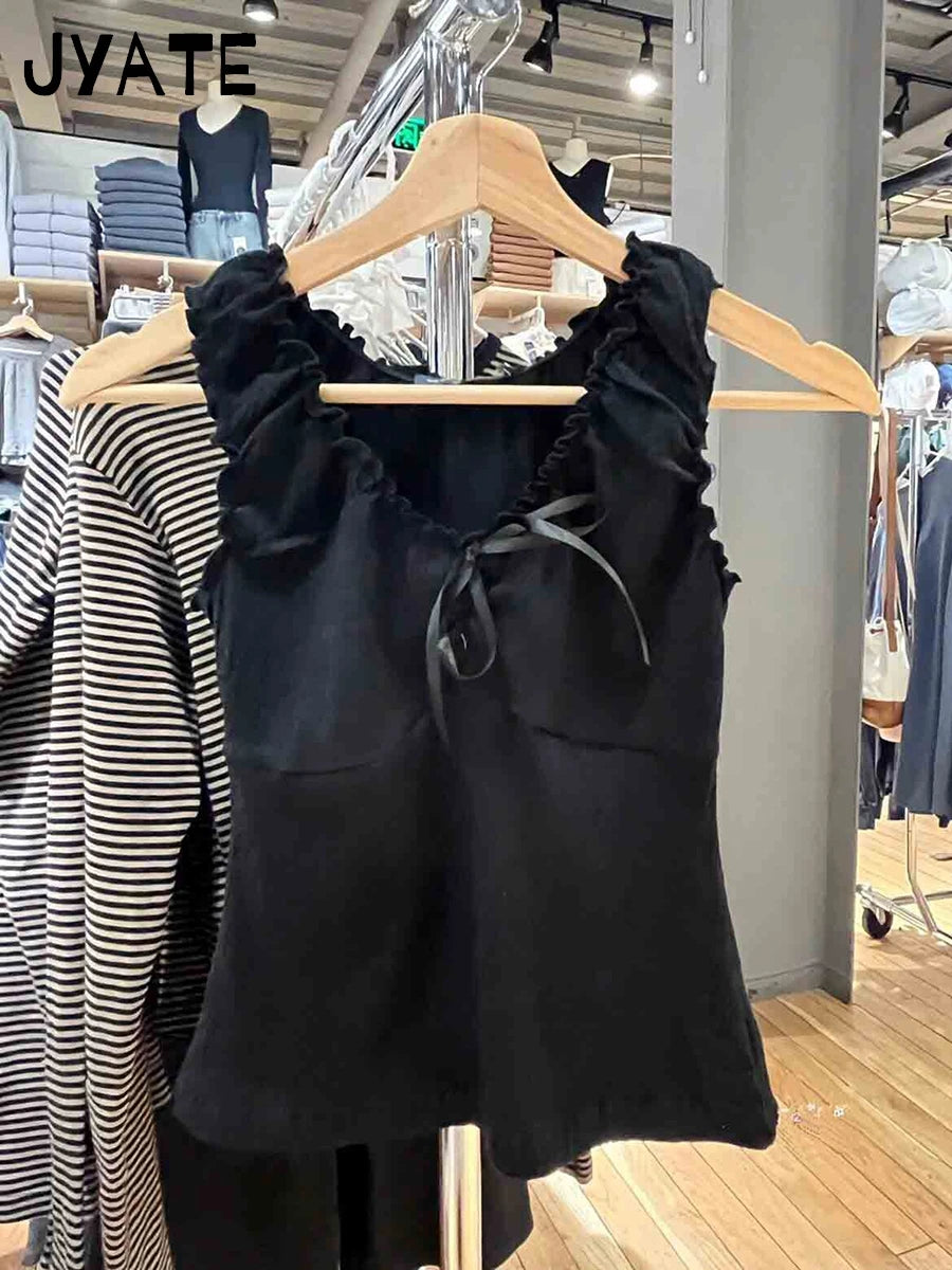 Fashion Bow Folds Cotton Slim Tank Tops Women Summer New Ruffles Black V-neck Sleeveless Vests Harajuku Chic Sweet Camisole Y2K